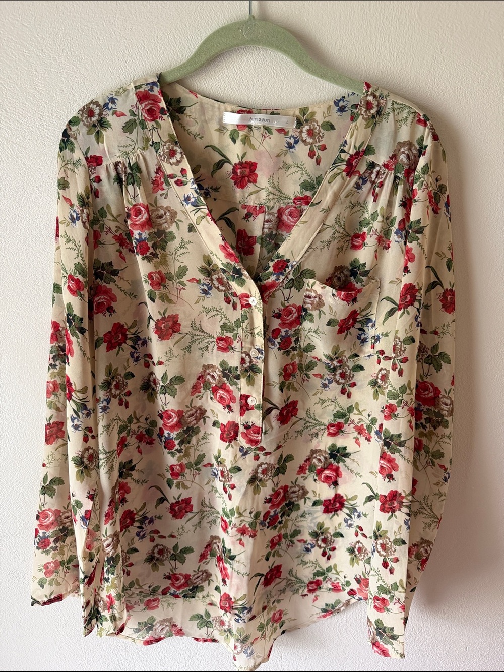 fun 2 fun Cream Blouse with Red Rose Print